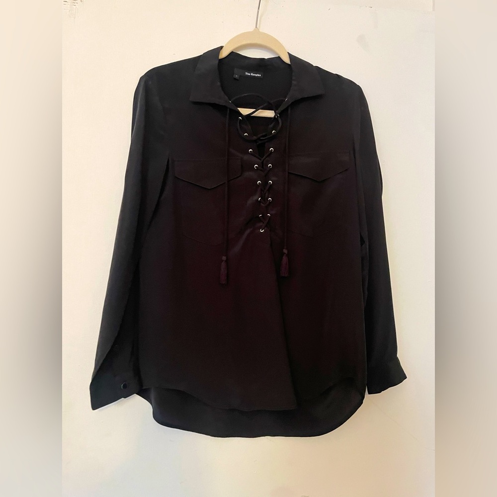 The Kooples Black Silk Lace-Up Blouse - Small
